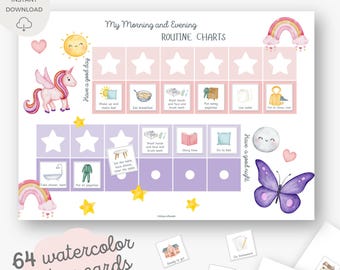 Morning and bedtime routine chart, Routine chart for kids, Daily routine checklist, Visual schedule toddler, Printable chart, Unicorn
