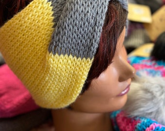 Yellow/gray headband, ear warmer, headband, cold weather ear protection, twisted head wrap, ear muffs, hat, messy bun, double thickness.
