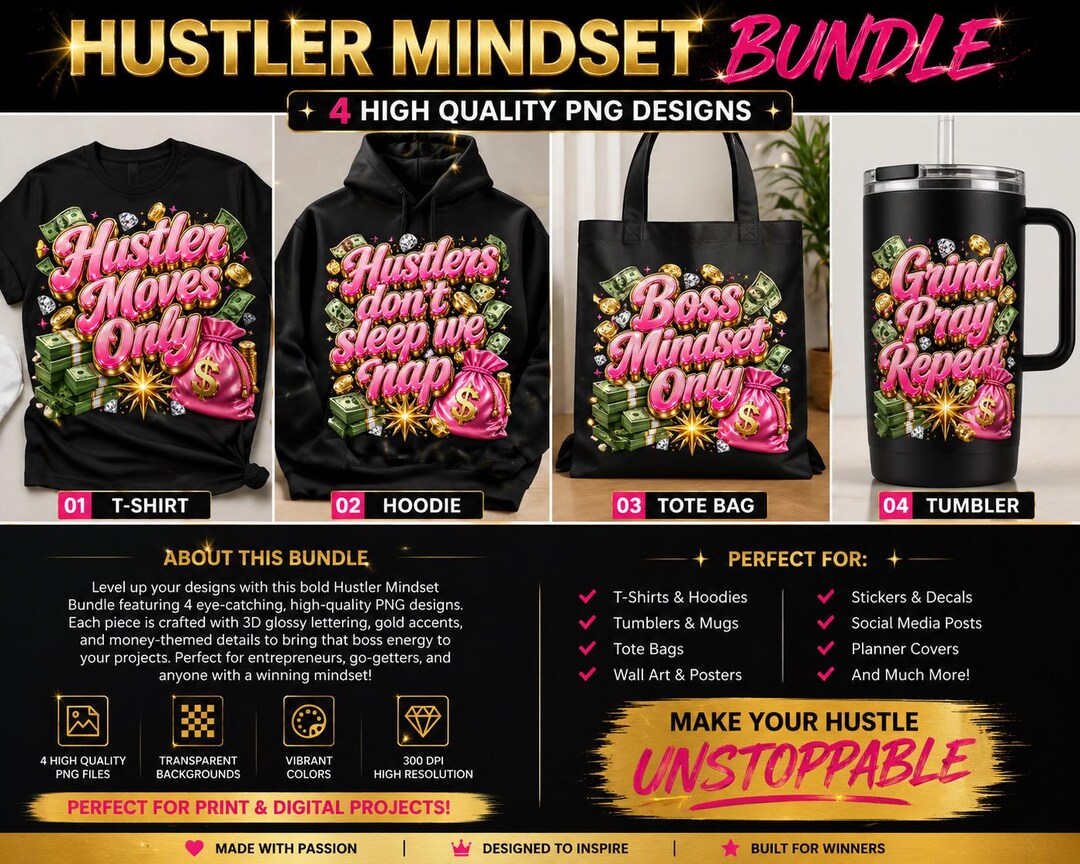 Hustler Mindset PNG Bundle, Boss Typography Designs (digital Download ...