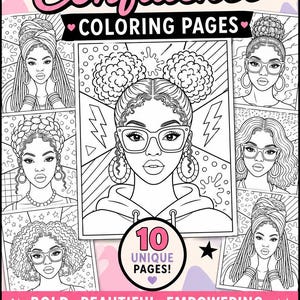 Puede incluir: Una portada de libro para colorear con el texto "Crowned in Confidence Coloring Pages". La portada presenta ilustraciones en blanco y negro de mujeres con varios peinados y accesorios. El libro incluye 10 páginas únicas y promueve el amor propio.