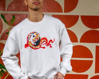 Yin Yang Dragon Sweatshirt - Hand Drawn Asian Streetwear - Aesthetic Dragon Crewneck - Balanced Serpentine Art Pullover - StarryEmpire