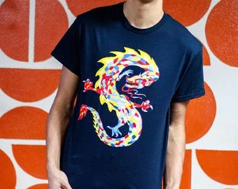 Urban Dragon Streetwear Shirt - Black Mosaic Serpentine Tee - Dark Harajuku Style Art - Chinese Aesthetic Graphic Top - StarryEmpire