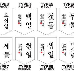 May include: Ten white banners with black text and red squares. The banners are labeled with the words "Type 3", "Type 4", "Type 5", "Type 6", "Type 7", "Type 8", "Type 9", "Type 10" and the number of days or years they represent. The banners also have Korean text on them.