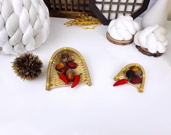 Mini Woven Bamboo Basket with Faux Decor | Korean Traditional Dol Party Accent