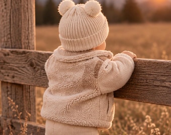 Bonnet bébé en laine mérinos à pompons | Bonnet nouveau-né en tricot blanc cassé | Cadeau baby shower | Essentiels pour bébés neutres en matière de genre