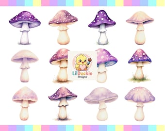 Watercolor Mushroom Clipart: Purple Cottagecore Toadstool PNG (Digital Download, 5100x5100px)