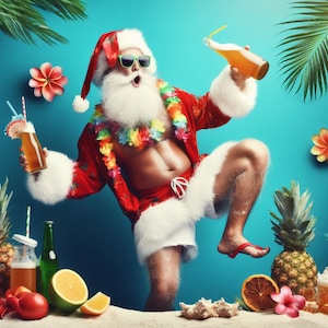 Könnte beinhalten: Ein Weihnachtsmann in einem rot-weißen Anzug mit weißem Bart und Sonnenbrille hält eine Flasche Bier und eine Blumenkette. Er steht an einem Strand mit Palmen und einem Ananas im Hintergrund.