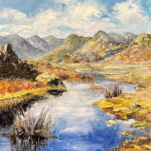 Oil painting River. Sunny Mountain landscape. Original art. Landscape wall decor