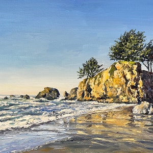 Seascape with Beach Oil Painting Original Art on Canvas Seashore Rocks Beautiful Nature Wall Art Painting