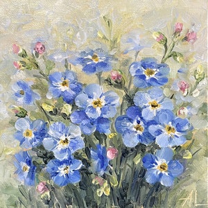 Forget-me-nots Original painting Blue flowers Original art painting Bouquet Artwork Oil 6x6 inches
