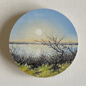Mini Painting Sunset. Original Art. Minimalist Landscape 5x5 inches, Oil on Wood