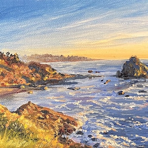Painting Seascape Original art. Californian landscape. Mini-painting Marina-art. Sunset on the ocean