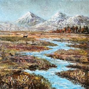 Painting mountain river Mountain landscape Mountain nature Original landscape painting Acrylic