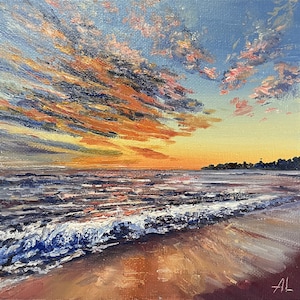 Small Oil Painting on Canvas – Coastal Seascape at Sunset