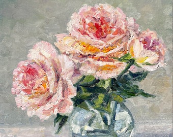 ピンクのバラの油絵 オリジナルの花瓶に入った花の絵画 クラシックな壁
