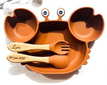 Personalized children's plate and cutlery meal set - wooden cutlery - Christmas birth gift - baby silicone plate - baby plate