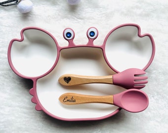 Personalized children's plate and cutlery meal set - wooden cutlery - Christmas birth gift - baby silicone plate - baby plate