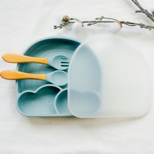 Set repas assiette et couverts pour enfant personnalisée couvert en bois cadeau de naissance noël assiette silicone bébé assiette bébé Bild 3