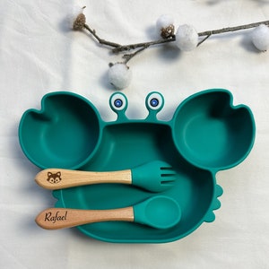 Personalized children's plate and cutlery meal set wooden cutlery Christmas birth gift baby silicone plate baby plate image 3