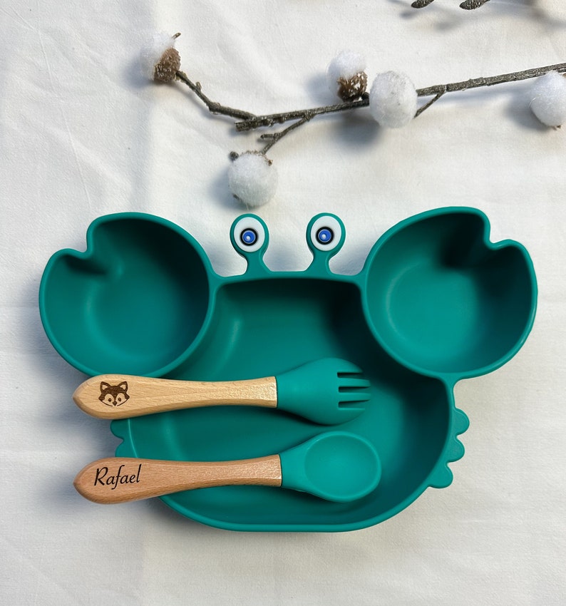 Personalized children's plate and cutlery meal set wooden cutlery Christmas birth gift baby silicone plate baby plate image 3