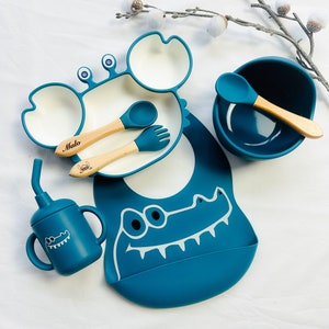 Set repas assiette et couverts pour enfant personnalisée couvert en bois cadeau de naissance assiette silicone bébé-assiette bébé image 3