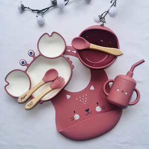 Set repas assiette et couverts pour enfant personnalisée couvert en bois cadeau de naissance assiette silicone bébé-assiette bébé image 1