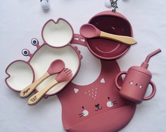 Set repas assiette et couverts pour enfant personnalisée -couvert en bois -cadeau de naissance -assiette silicone bébé-assiette bébé