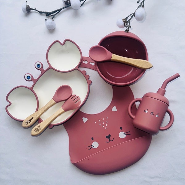 Set repas assiette et couverts pour enfant personnalisée -couvert en bois -cadeau de naissance -assiette silicone bébé-assiette bébé