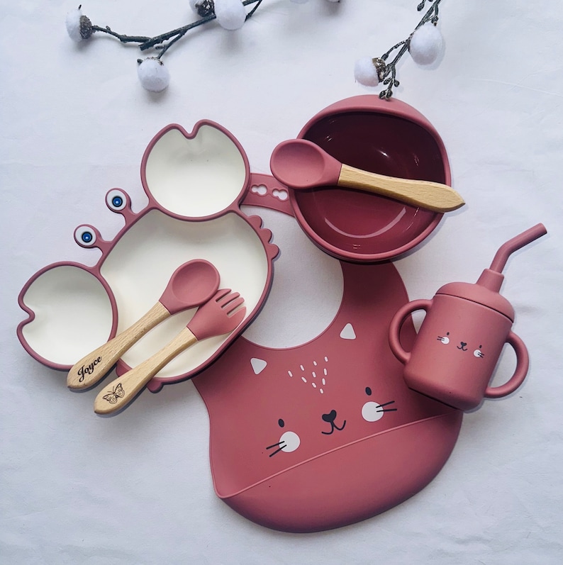 Set repas assiette et couverts pour enfant personnalisée couvert en bois cadeau de naissance assiette silicone bébé-assiette bébé image 1