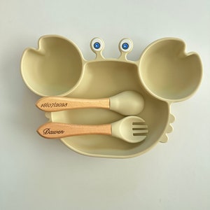 Set repas assiette et couverts pour enfant personnalisée couvert en bois cadeau de naissance noël assiette silicone bébé assiette bébé image 4