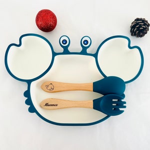 Personalized children's plate and cutlery meal set wooden cutlery Christmas birth gift baby silicone plate baby plate image 1