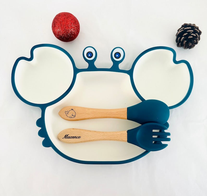 Personalized children's plate and cutlery meal set wooden cutlery Christmas birth gift baby silicone plate baby plate image 1