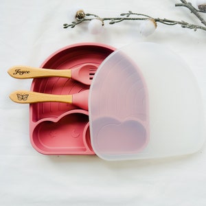 Set repas assiette et couverts pour enfant personnalisée couvert en bois cadeau de naissance noël assiette silicone bébé assiette bébé image 2