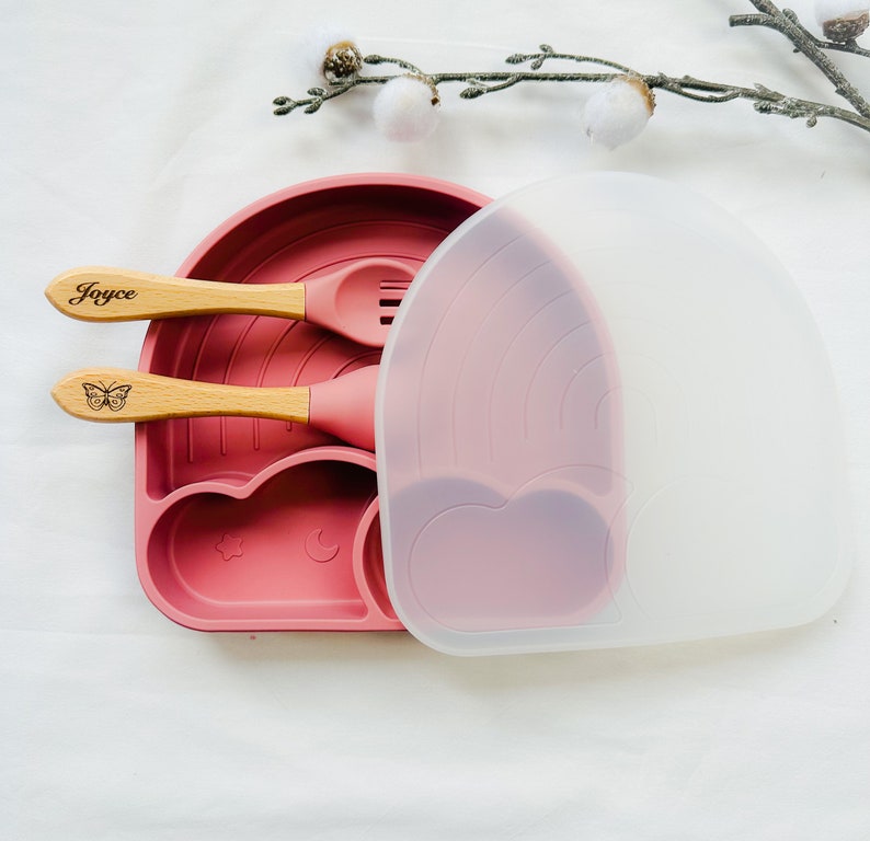 Set repas assiette et couverts pour enfant personnalisée couvert en bois cadeau de naissance noël assiette silicone bébé assiette bébé image 2