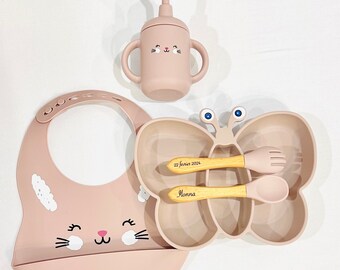 Set repas assiette et couverts pour enfant personnalisée -couvert en bois -cadeau de naissance -assiette silicone bébé-assiette bébé