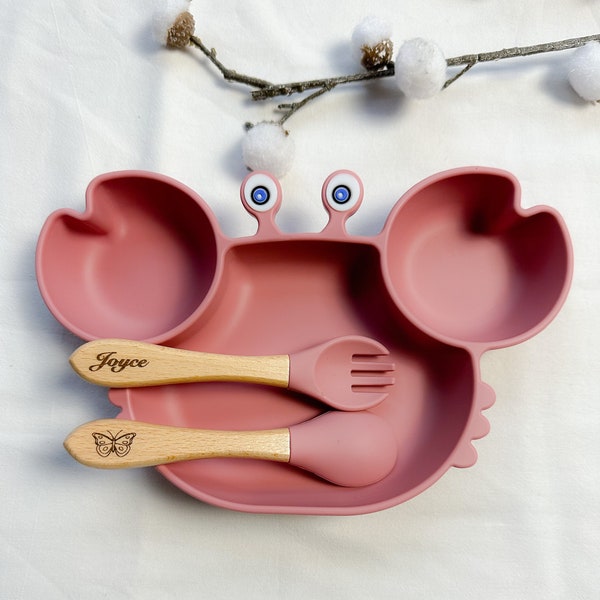 Personalized children's plate and cutlery meal set - wooden cutlery - Christmas birth gift - baby silicone plate - baby plate