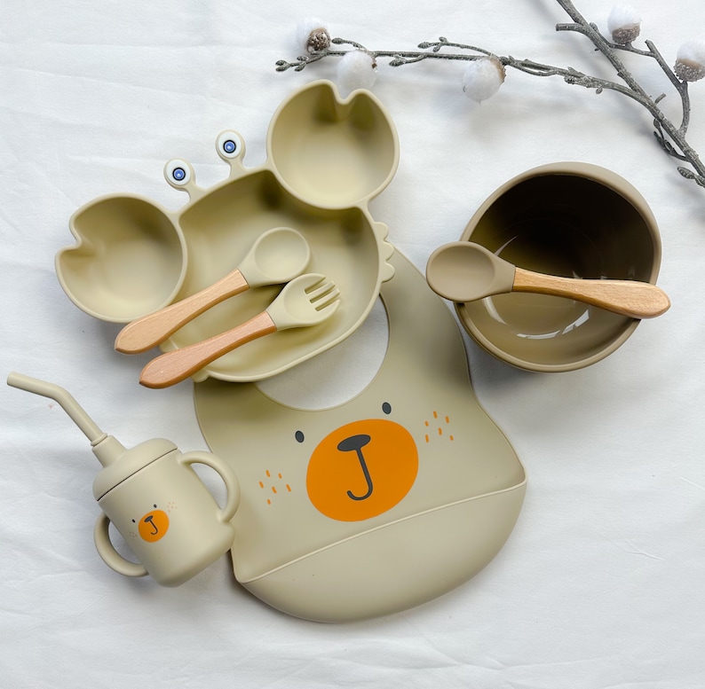 Set repas assiette et couverts pour enfant personnalisée couvert en bois cadeau de naissance assiette silicone bébé-assiette bébé image 4