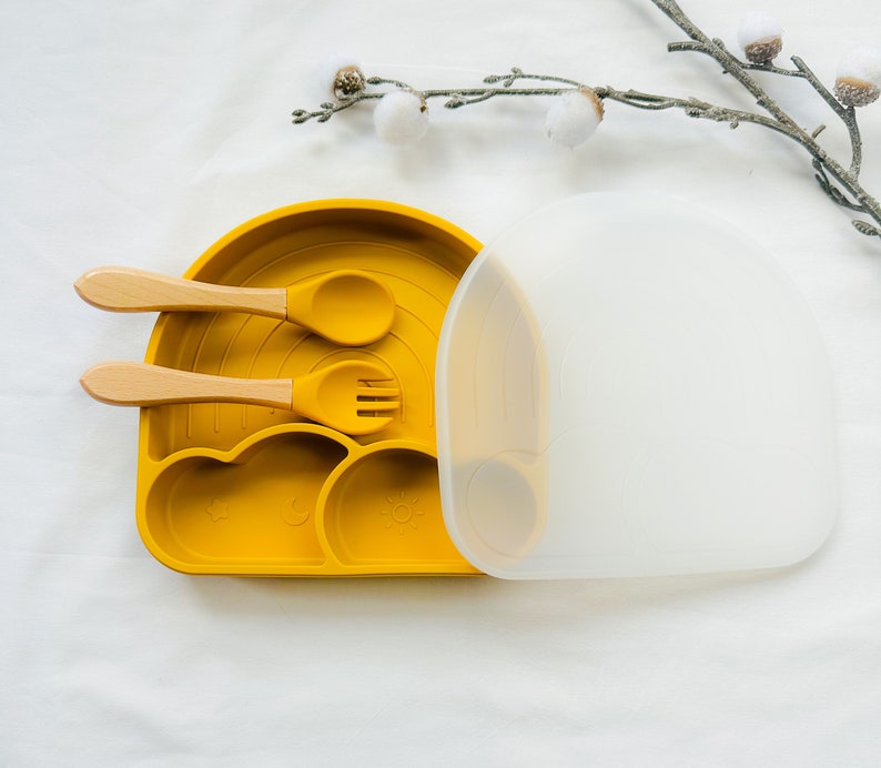 Set repas assiette et couverts pour enfant personnalisée couvert en bois cadeau de naissance noël assiette silicone bébé assiette bébé Bild 5