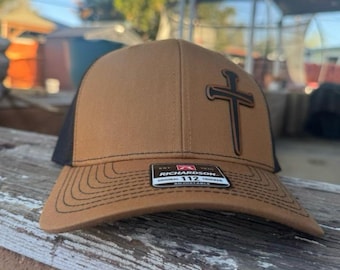 Richardson trucker hat - Custom Hat - leatherette patch hat - Christian hat - Jesus hat - cross hat - Hats for Dads - Gift for Dad Father