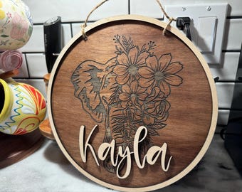 Elephant Nursery Sign, Round 3D Name Sign, Personalized Wooden Name Sign, Baby Shower Decor, customized name Decor, Rustic decor