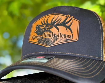 Sleep Hunt Repeat - Custom Hat - leatherette patch hat - Hunting hat - Elk hat - Bull Elk hat - Hats for Dads - Gift for Dad