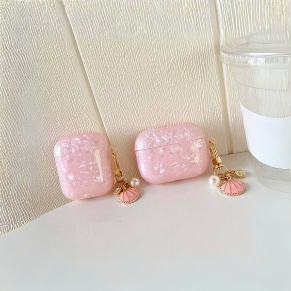 Luxury Girls Pearl Case For Airpods - Pink Marble design gift for her for airpods and airpod pro with gold key chain accessories cream pearl