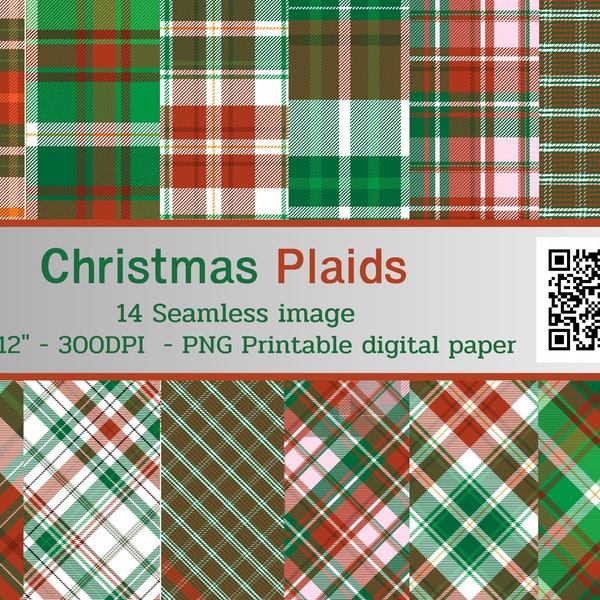 Christmas Plaid Digital Paper, seamless patterns download for commercial use printable scrapbook paper,junk journals or modern textiles