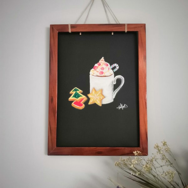 peinture acrylique sur papier cartonné (ATTENTION vendu sans le cadre ), chocolat chaud gourmand et petits biscuits, œuvre originale