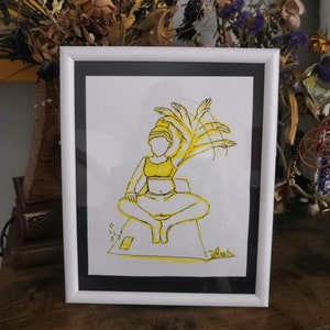 Filzstiftzeichnung auf 90g/m2 Papier (HINWEIS: ohne Rahmen verkauft), „Yoga-Moment“ Originalwerk