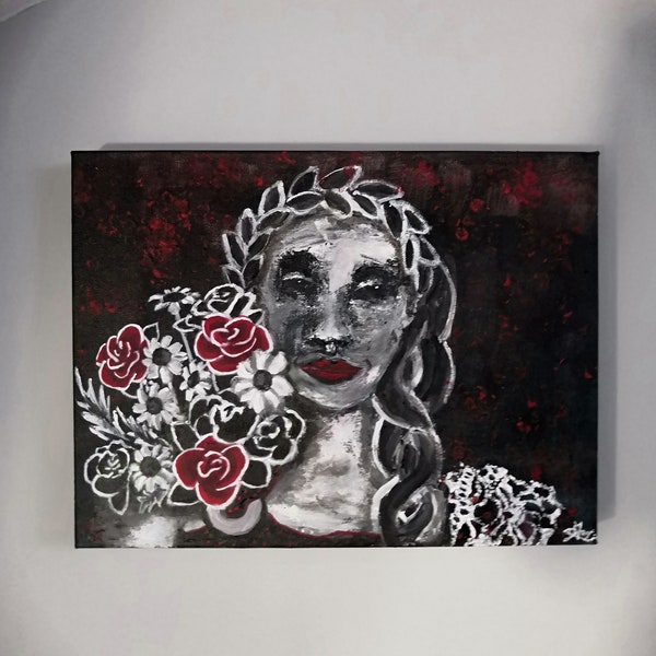 peinture acrylique sur toile, portrait d'une femme et bouquet de fleur , œuvre originale