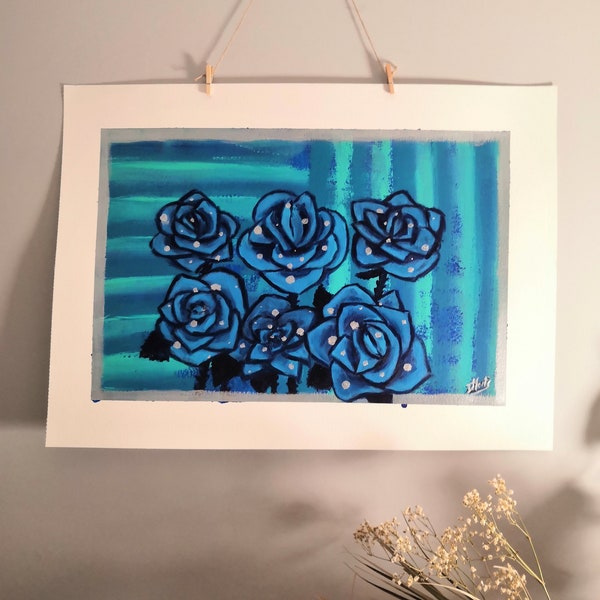 peinture acrylique sur papier cartonné, bouquet de roses bleus, perles de rosées, œuvre originale