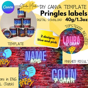 May include: Printable DIY Canva template for Pringles labels. The template features a brick wall background with graffiti-style text that says "Happy" and "Name Age". The template includes two designs: blue and pink. The finished result shows a label with the name "Laura" and the age "12 years" in neon pink letters.