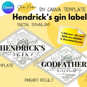 Può includere: Un modello di download digitale per creare etichette di gin Hendrick's. Il modello presenta un'etichetta a forma di diamante con un bordo dorato e un design floreale. Il testo sull'etichetta recita "Hendrick's Gin" e "Padrino?" Il modello è modificabile e può essere stampato a casa.