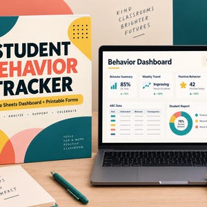 May include: A Student Behavior Tracker binder with a colorful abstract cover, a laptop displaying a Behavior Dashboard with charts and data, a spiral notebook with the text Small Steps Big Impact, a pen, and a yellow sticky note with text.
